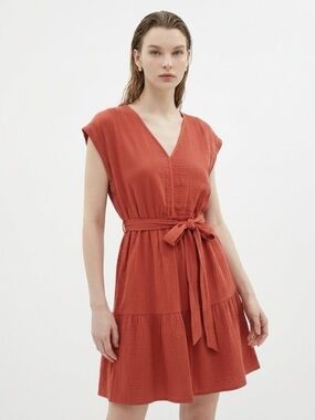 Magaschoni Rust Tiered V-Neck Belted Mini Dress